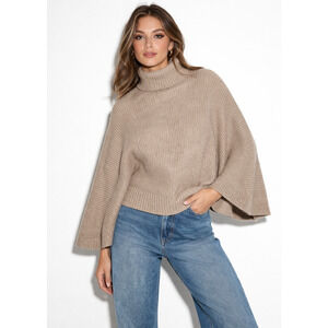BCBG Women's Oatmeal Oversized Turtleneck Sweater Poncho